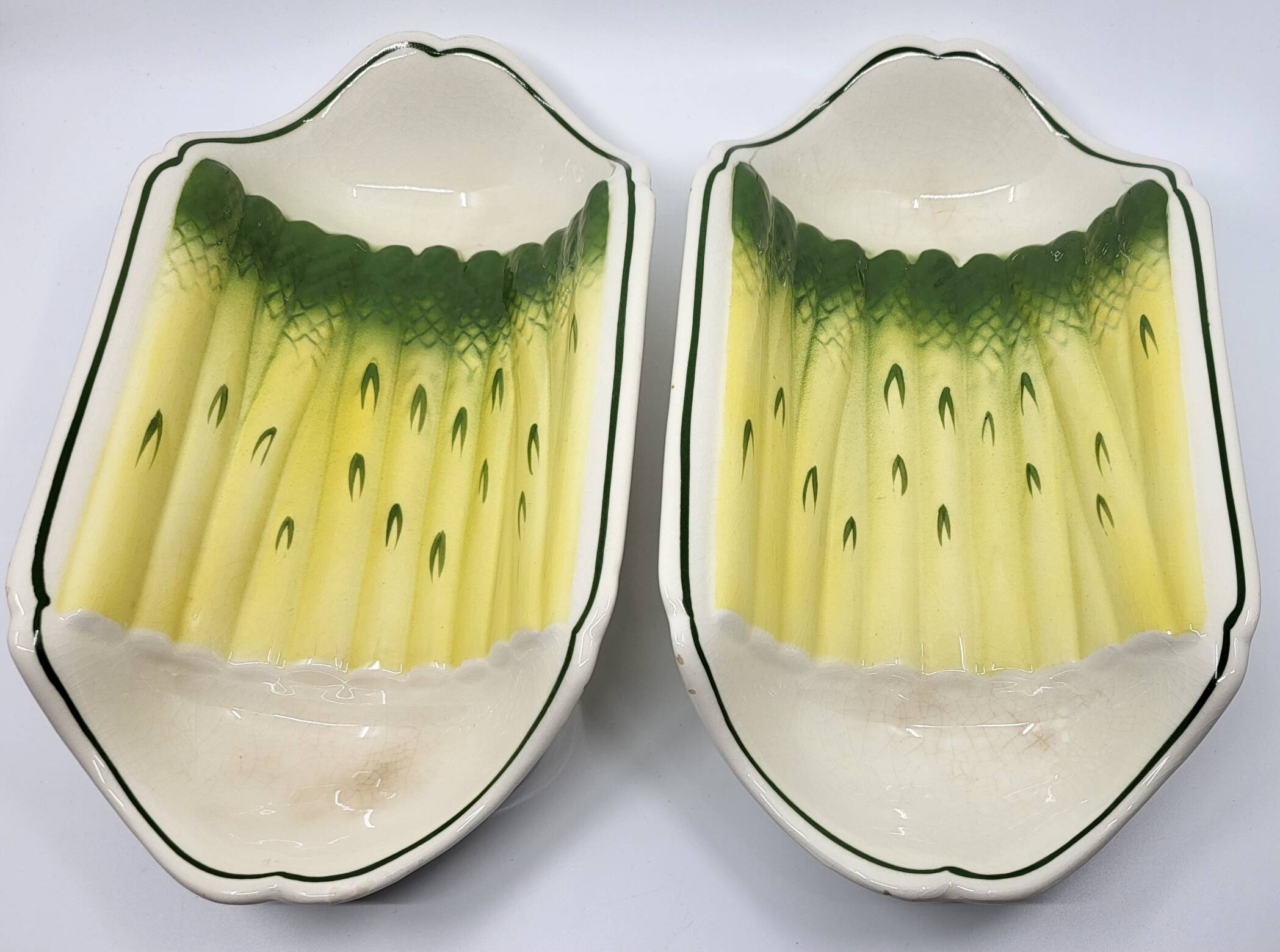 Salins earthenware slip dish decorated with asparagus, French, yellow and green, 20th century