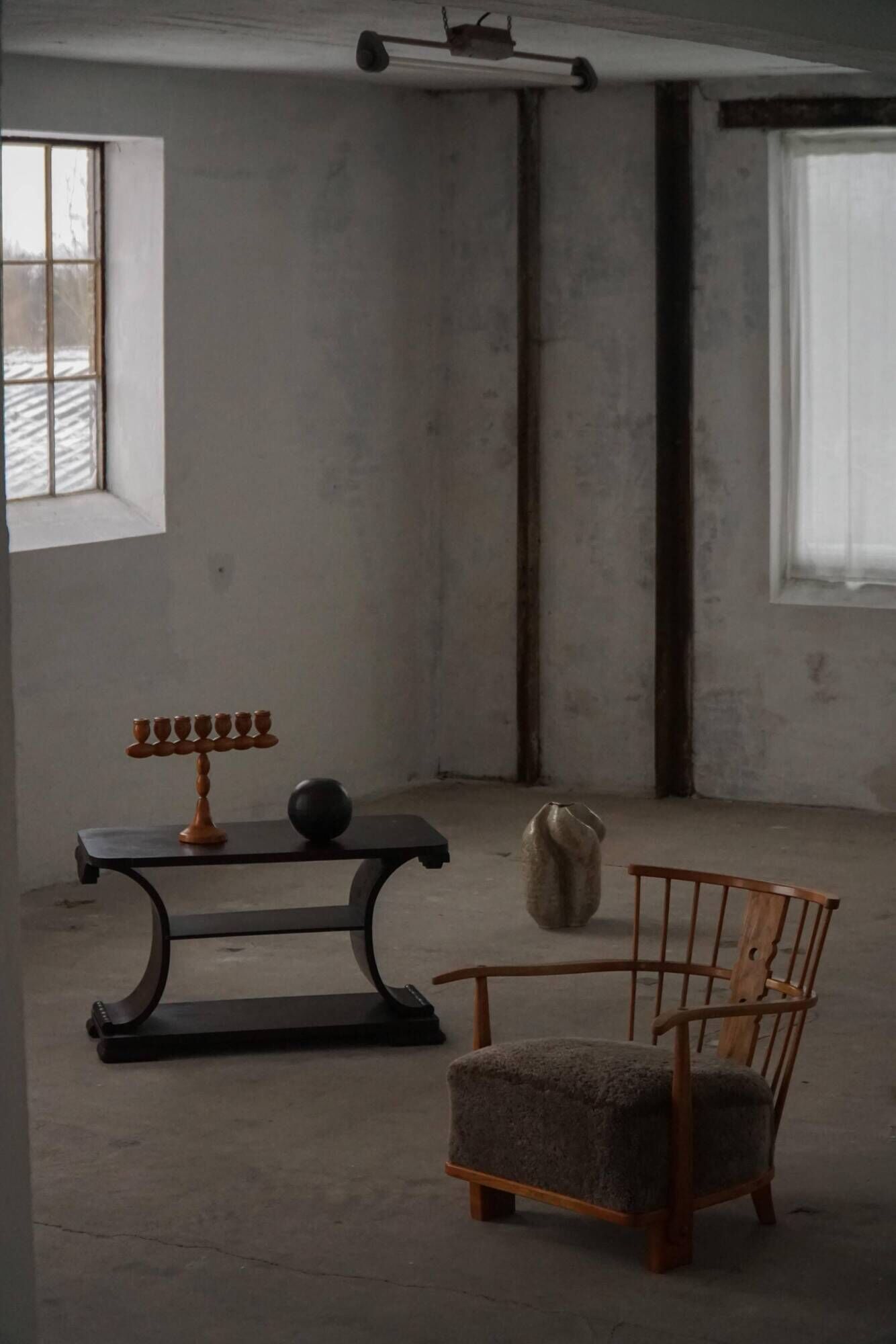 Armchair by Fritz Hansen, Model 1590, Elm & Lambswool, Scandinavian Modern, 1940s