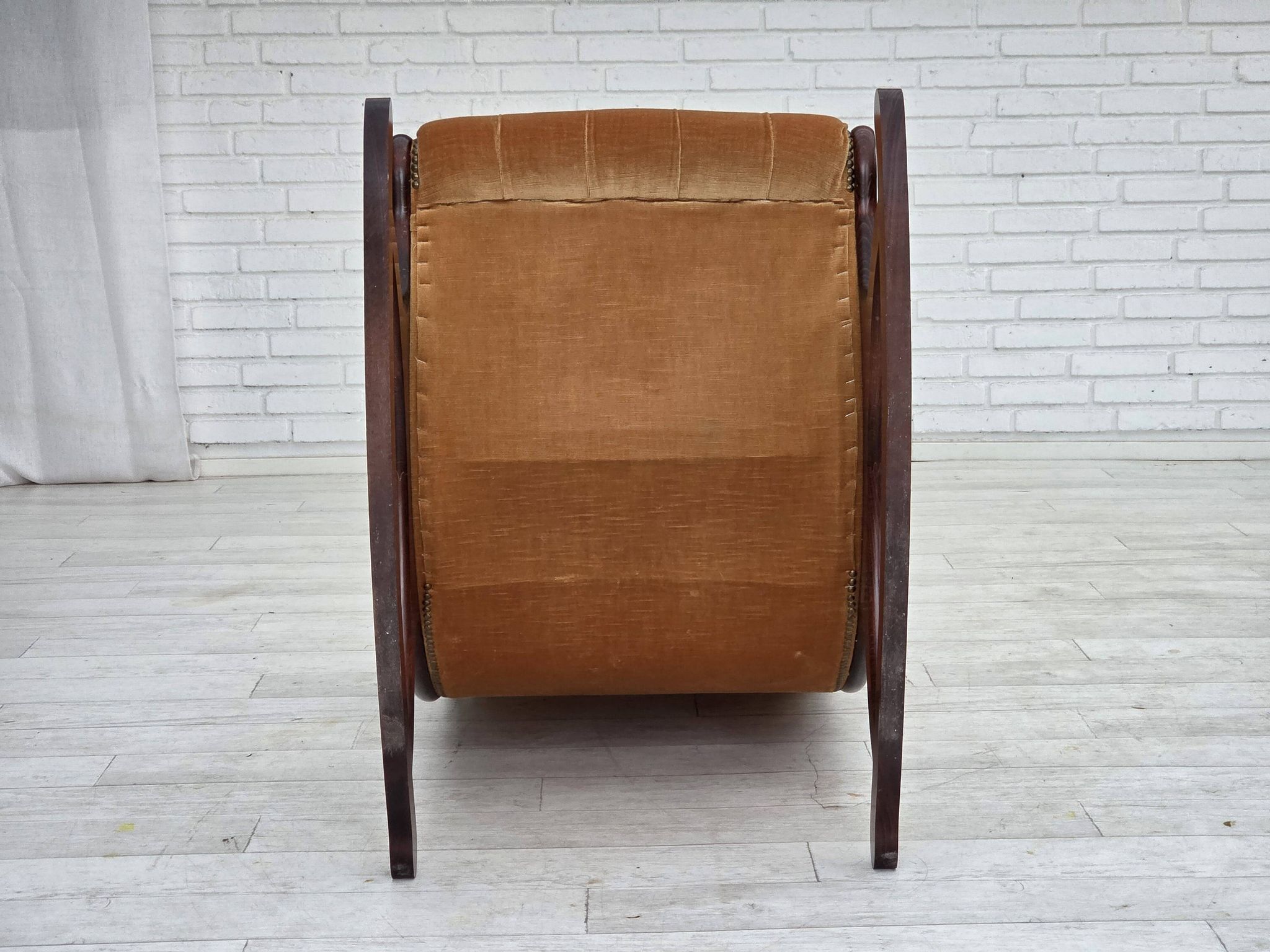 1960s, Scandinavian rocking chair, furniture velour, dark beech wood.