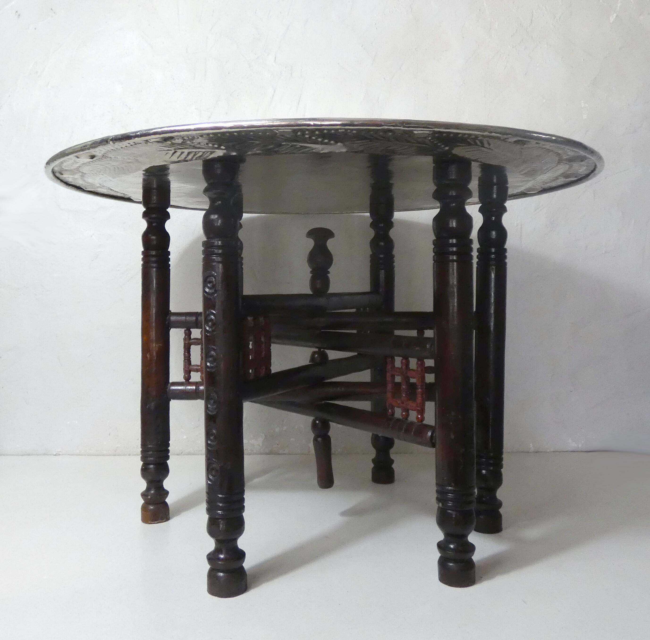 vintage folding oriental coffee table with silver metal top
