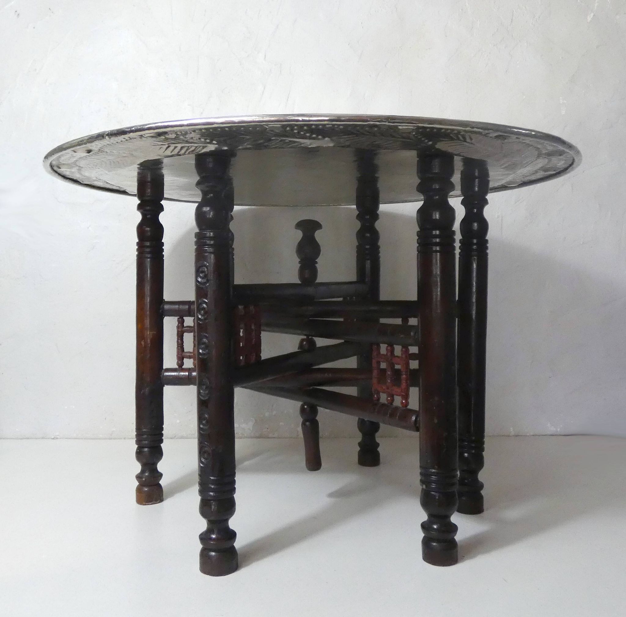 vintage folding oriental coffee table with silver metal top