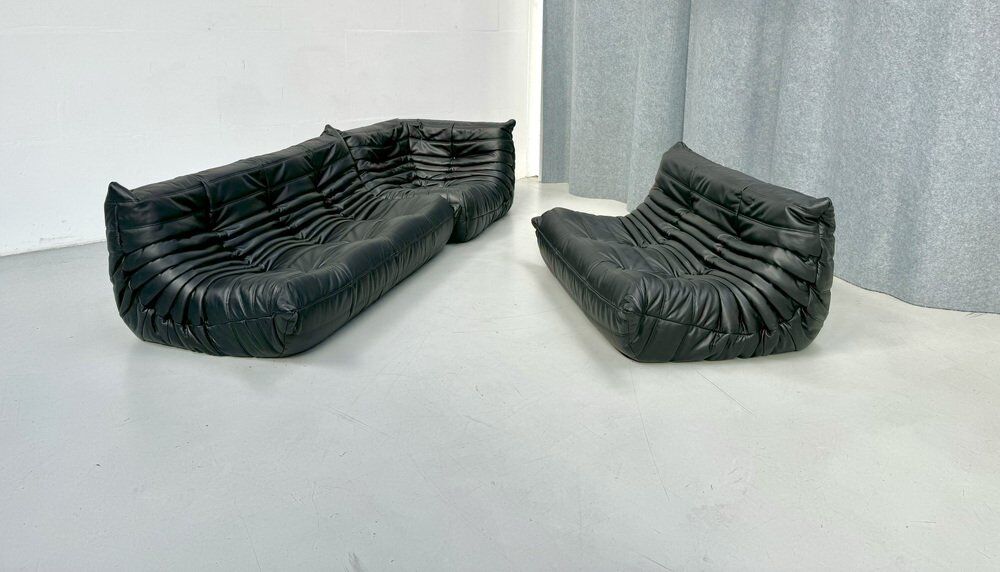 French Togo living room set in black leather by Michel Ducaroy for Ligne Roset, set of 3