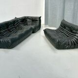 French Togo living room set in black leather by Michel Ducaroy for Ligne Roset, set of 3