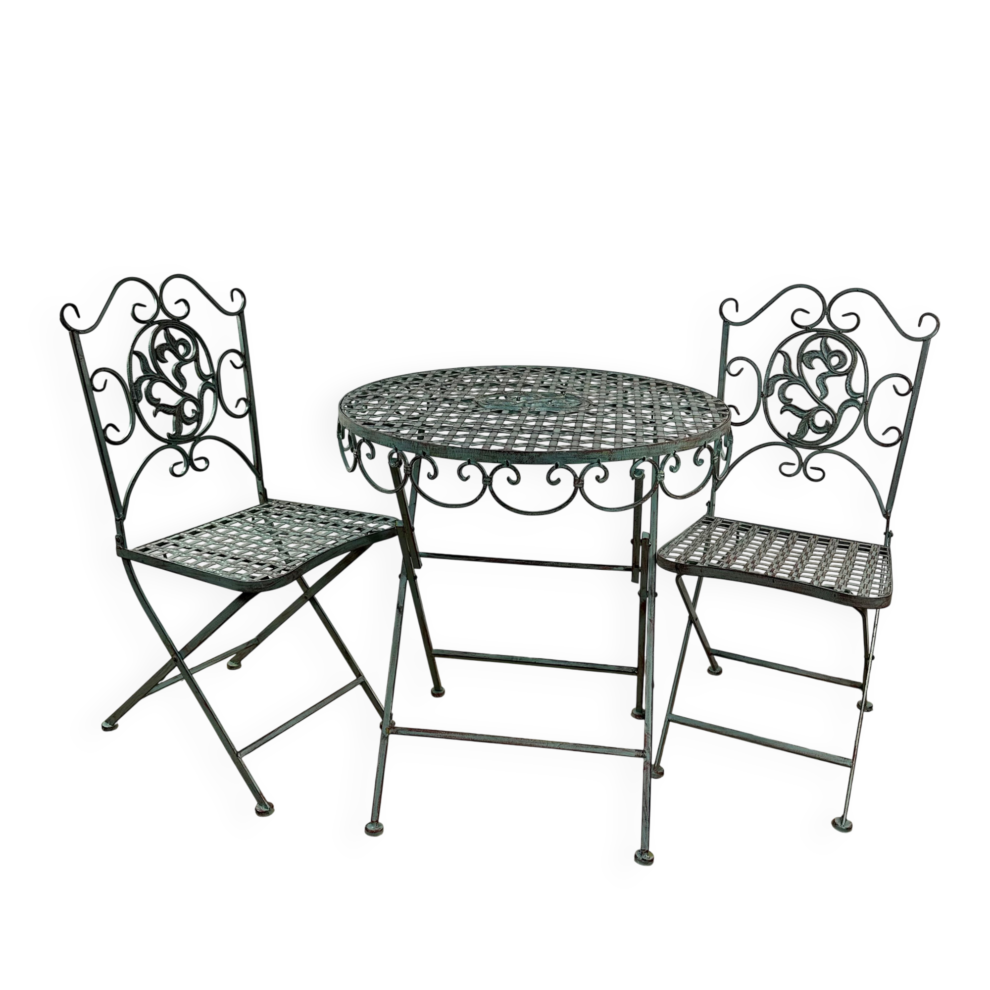 Patinated green folding wrought iron garden set with 1 table + 2 chairs.
