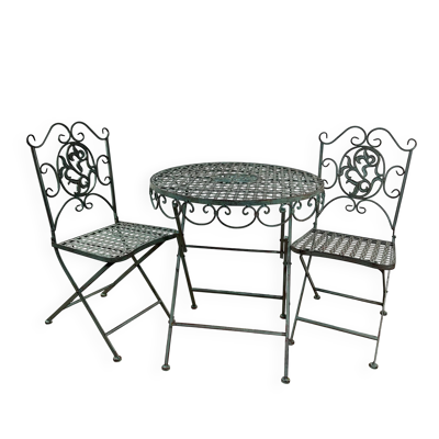 Salon de Jardin en fer forgé pliable vert patiné 1 table + 2 Chaises