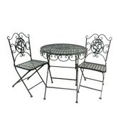 Patinated green folding wrought iron garden set with 1 table + 2 chairs.