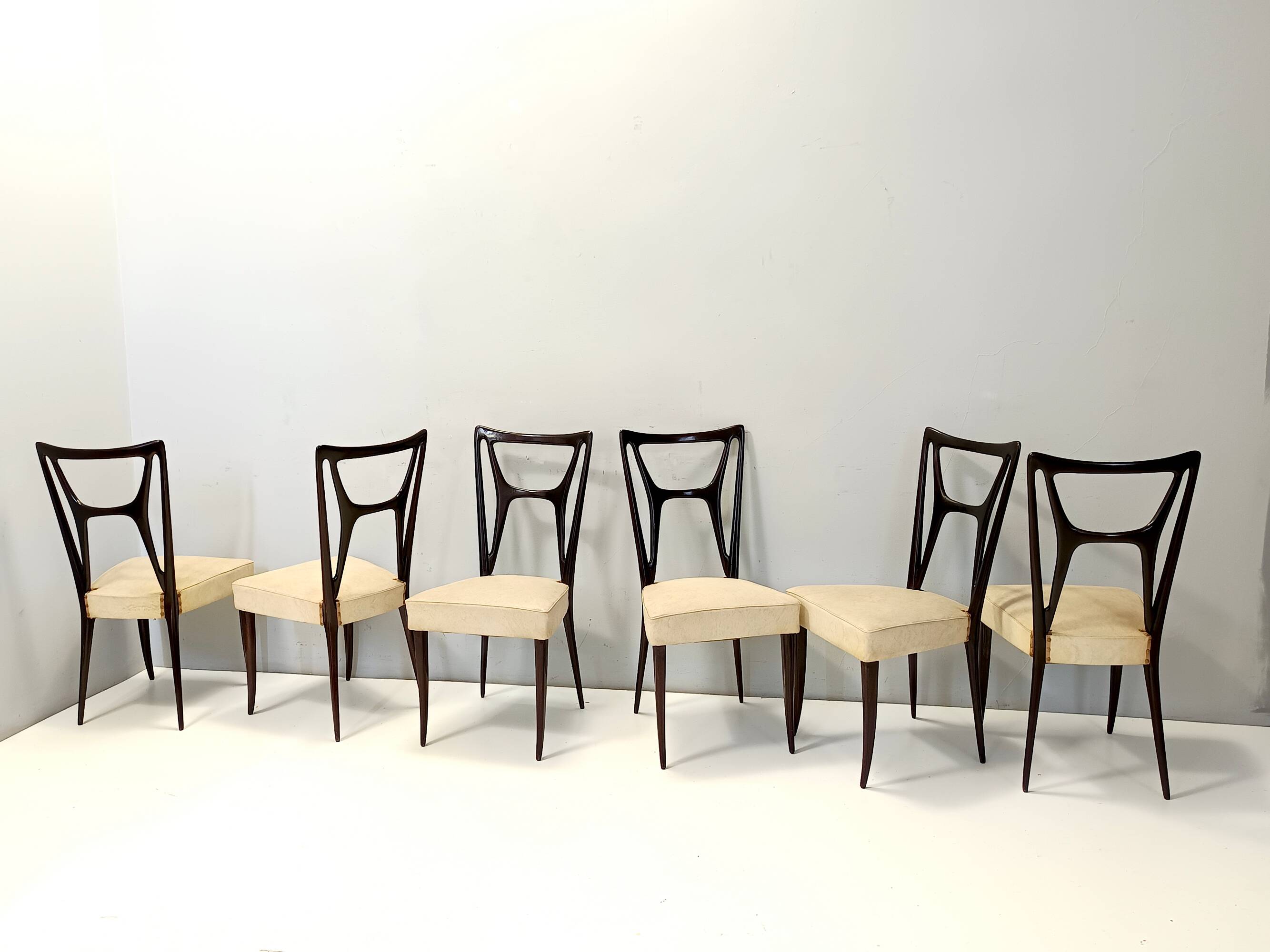 Set of Six Ebonized Beech Dining Chairs with Ivory Skai Upholstery, Italy
