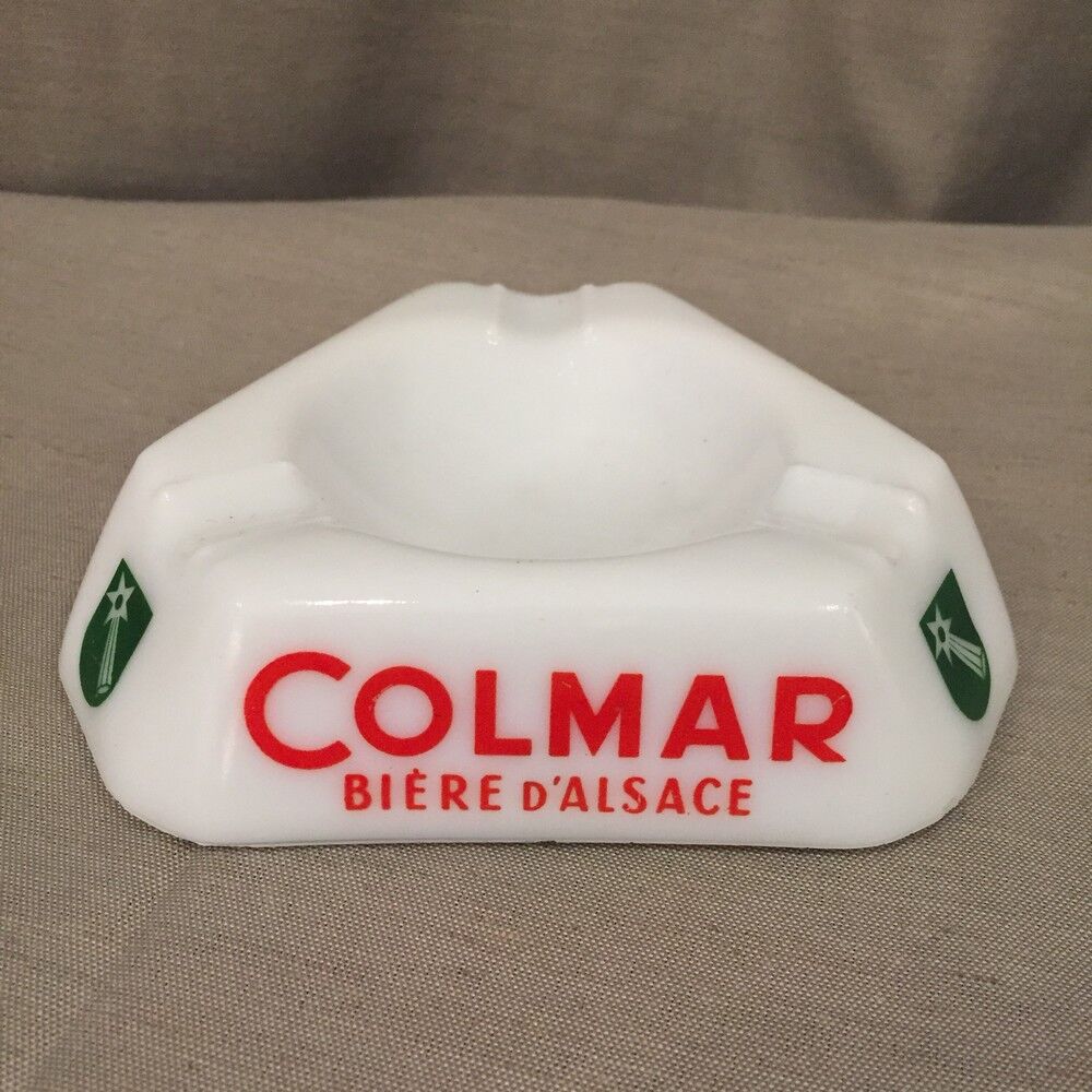 Cendrier publicitaire pour la biere d'alsace colmar en opaline blanc