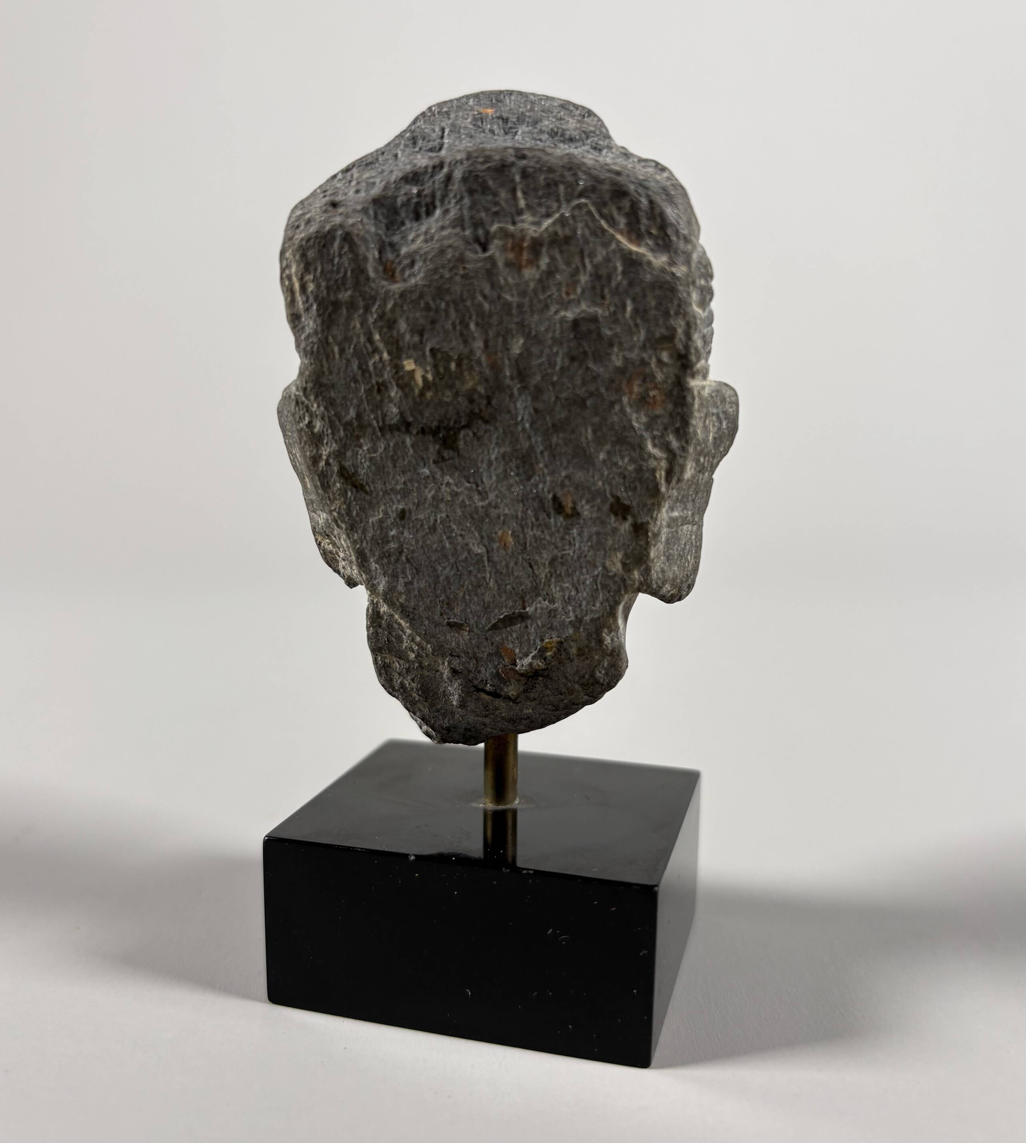Sculpture of a Buddha head in grey schist from Gandhara, ancient Greece.