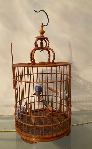 Ancienne cage à oiseaux en bois et rotin