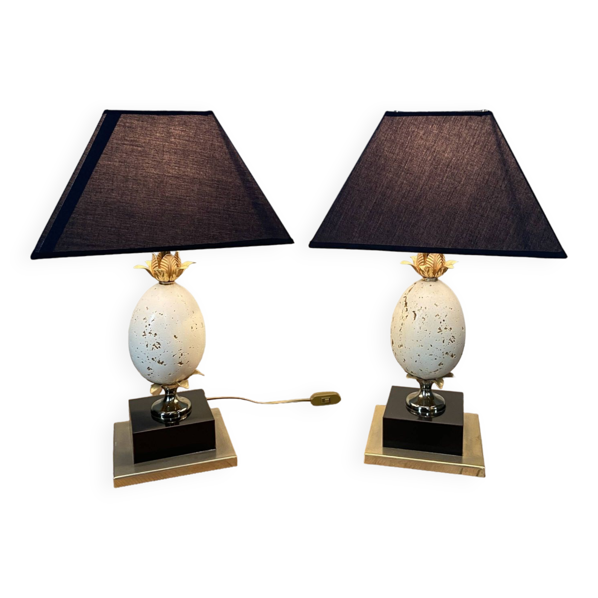 Pair of designer ostrich egg lamps in travertine from maison barbier