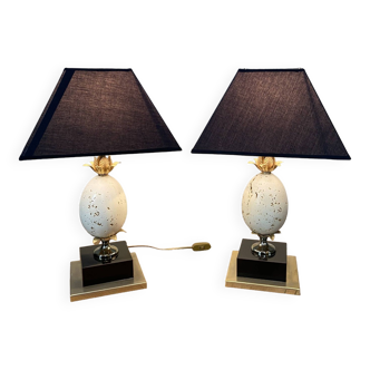 Pair of designer ostrich egg lamps in travertine from maison barbier