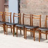 Set of 6 Scandinavian chairs in beech and black skaï, 1960s