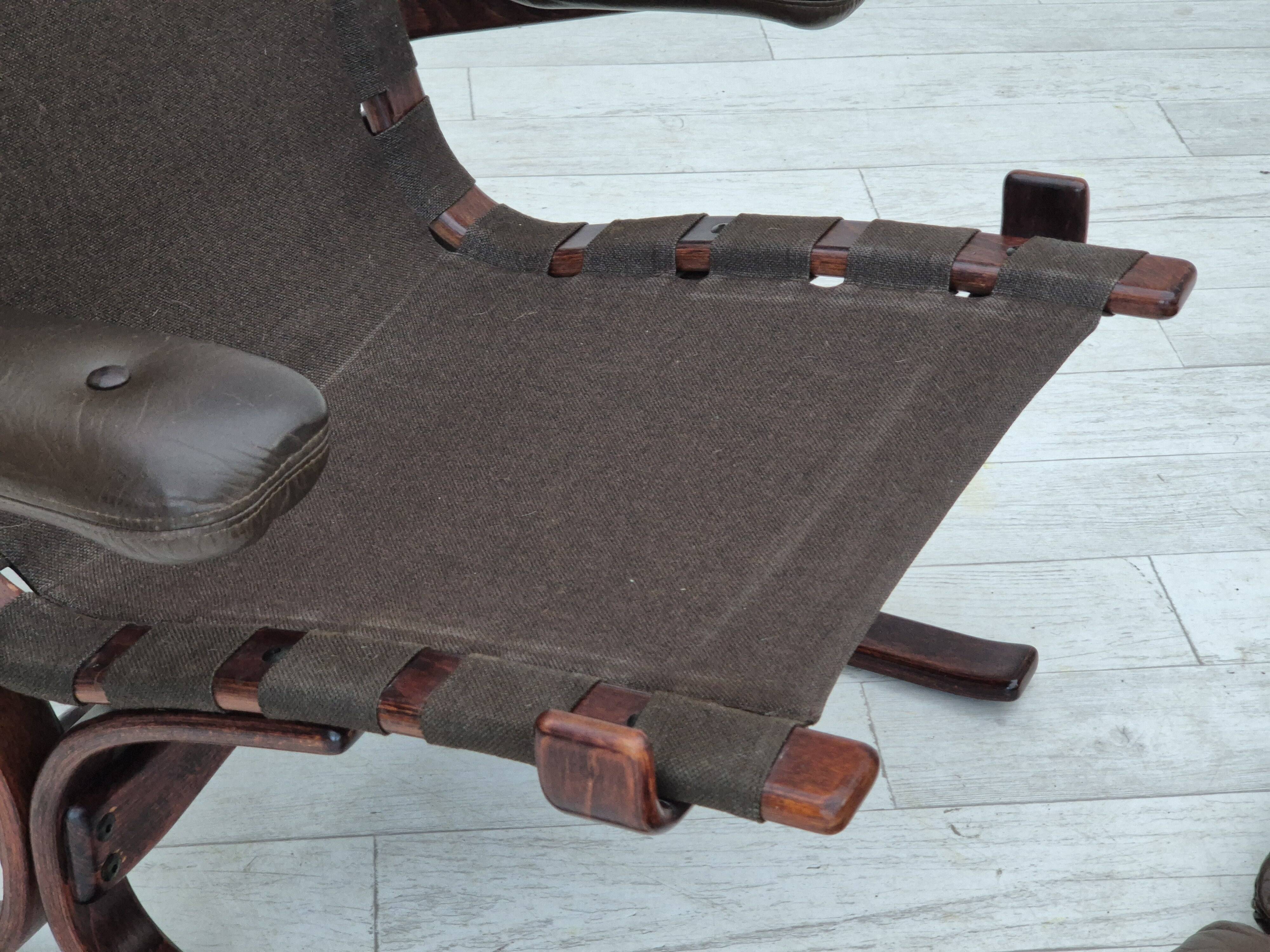 1970s, Scandinavian armchair, original condition, furniture leather, bent wood, canvas.