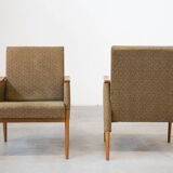 Pair of vintage armchairs in oak and embossed fabric, with old republished certificate of authenticity