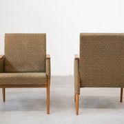 Pair of vintage armchairs in oak and embossed fabric, with old republished certificate of authenticity