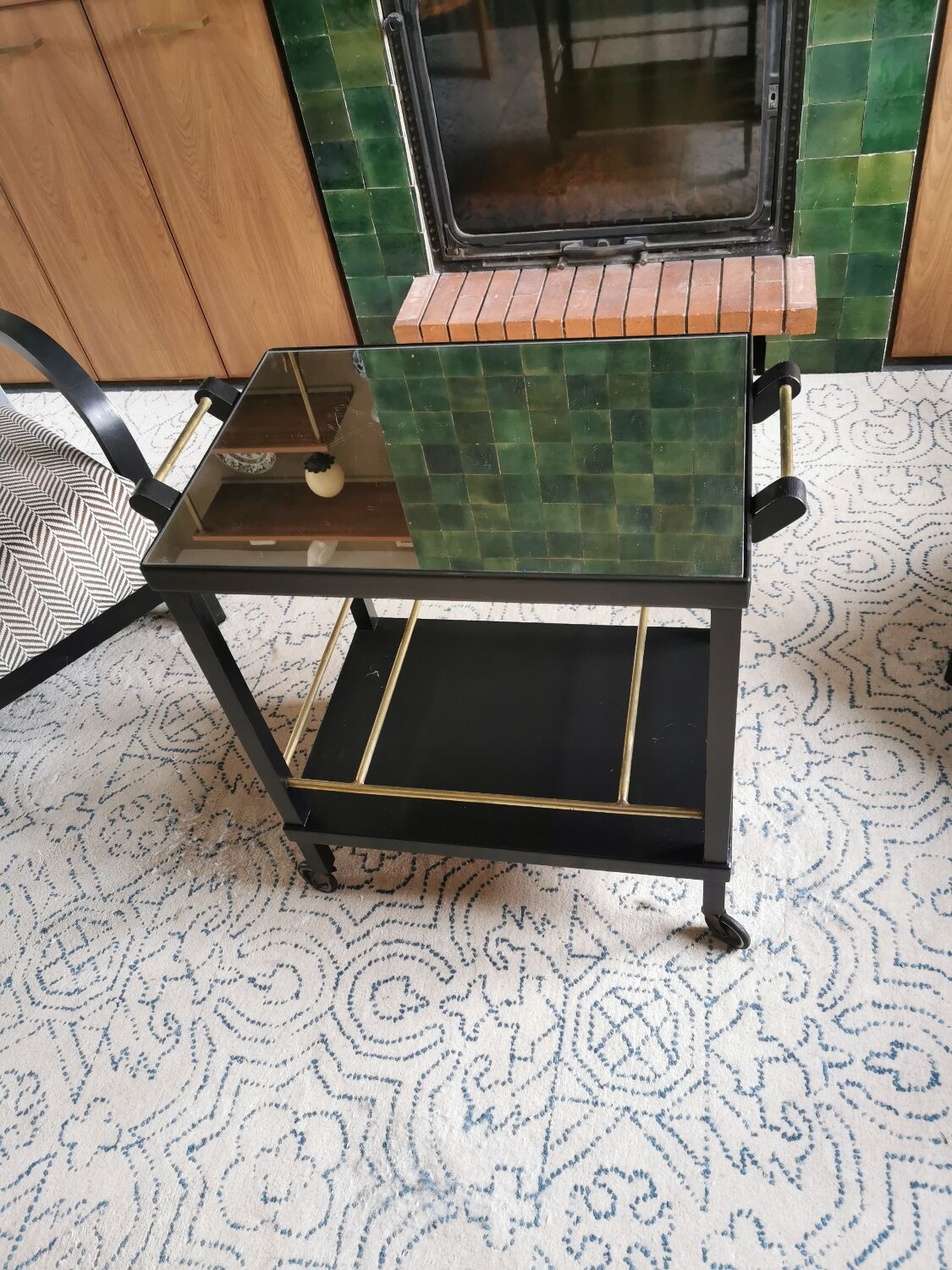 Art Deco wooden mirror and brass rolling service