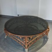 Large Peacock-French Riviera coffee table in rattan, bamboo, glass, vintage.
