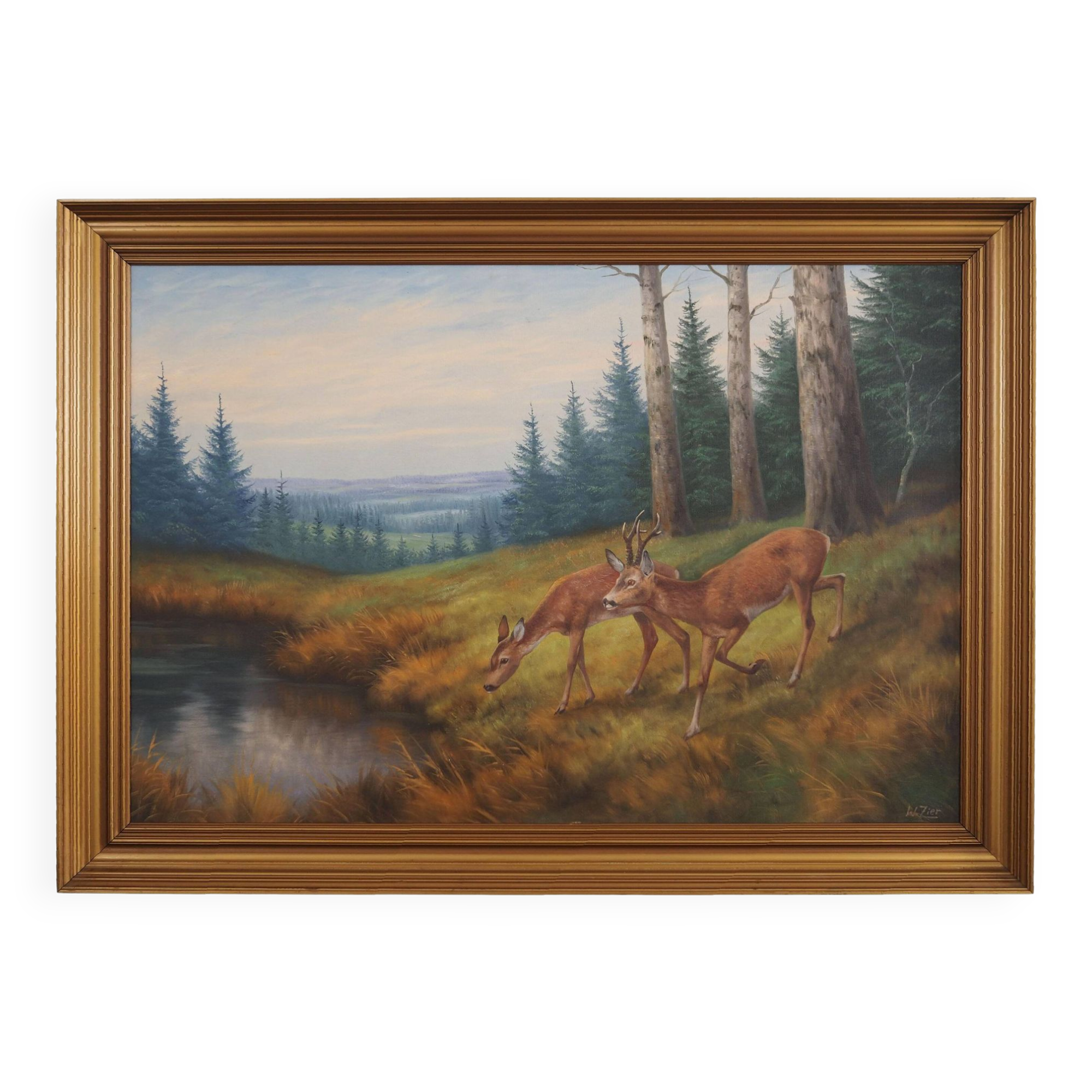 Peinture « Deux cerfs au bord de l'eau », design danois, années 1960, de Wolmer Zier