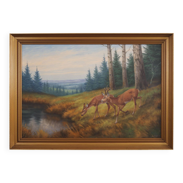 Painting „Two Deer by the Water”, Danish design, 1960s, by Wolmer Zier