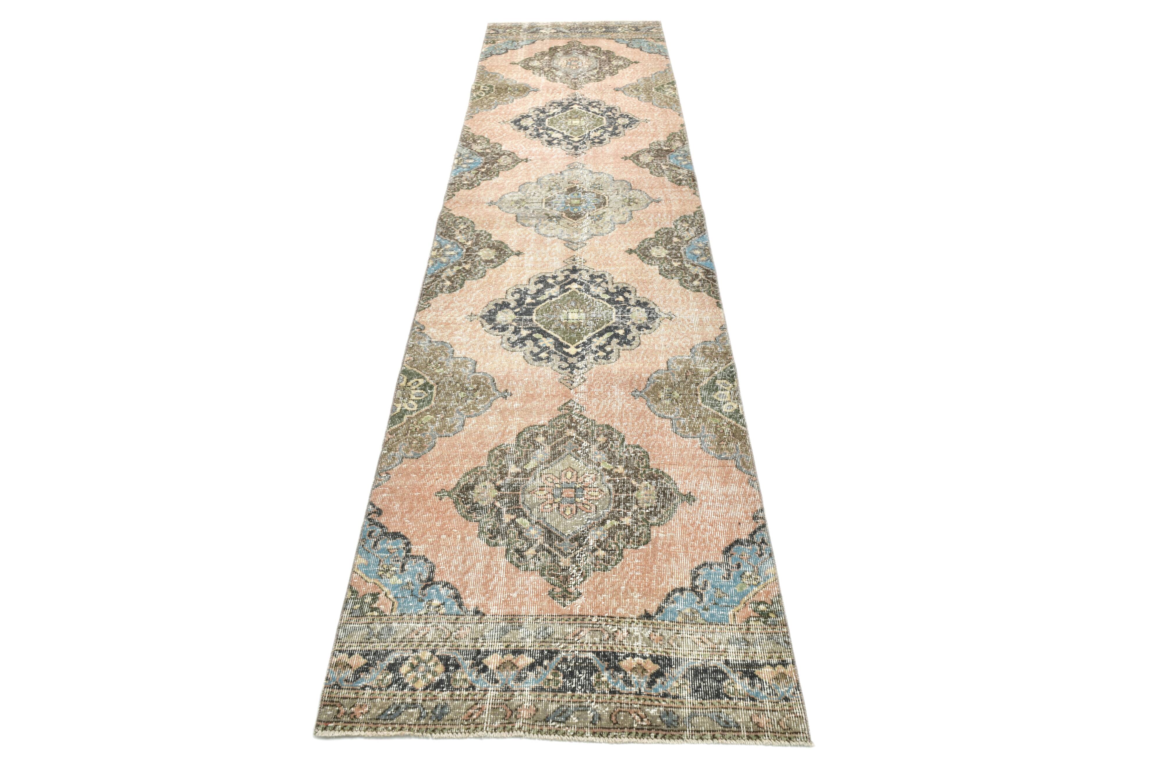 3x12 Salmon & Blue Turkish Vintage Runner Rug, Antique Rugs For Hallway