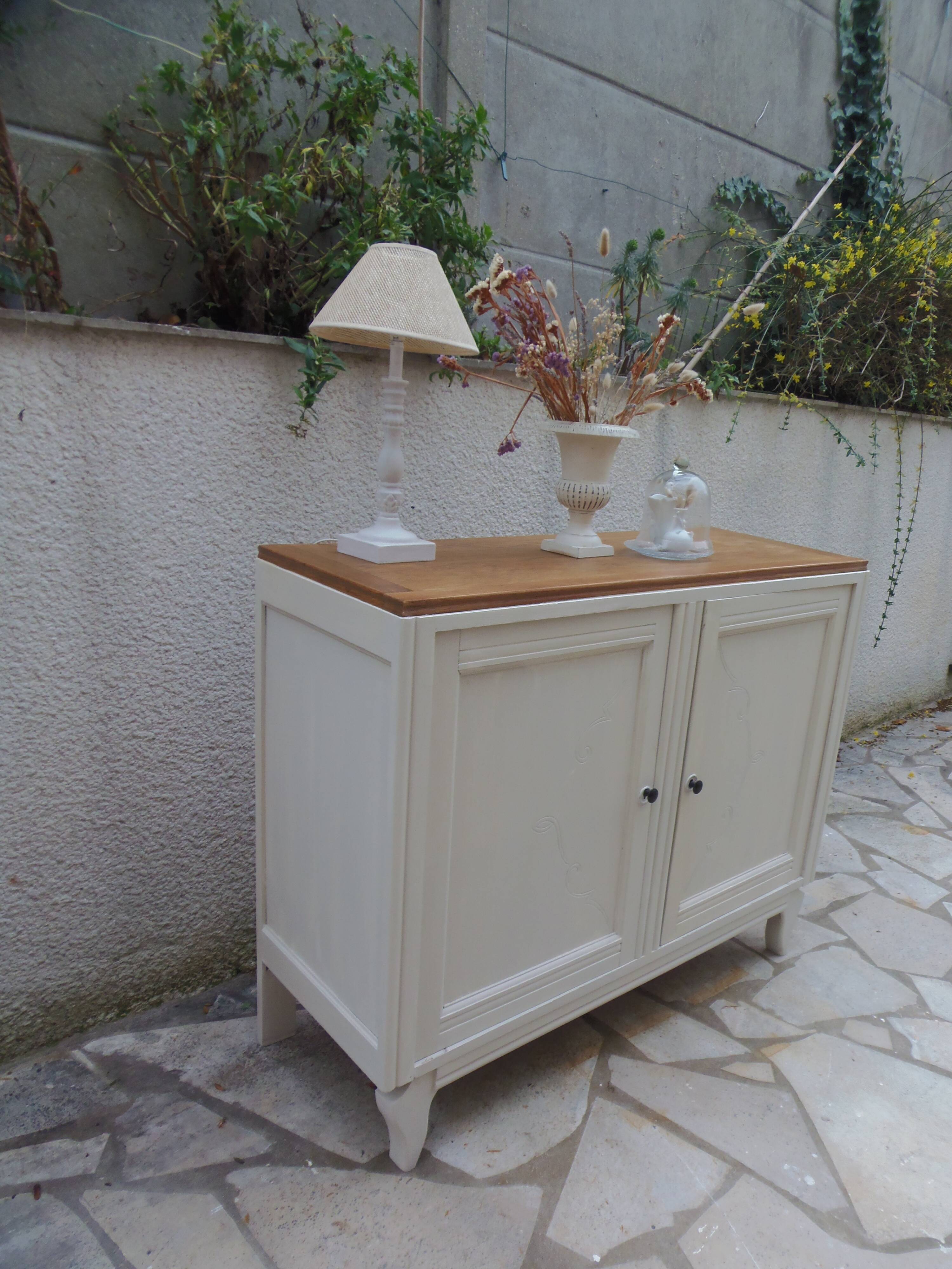 Buffet vintage Beige, plateau chêne.