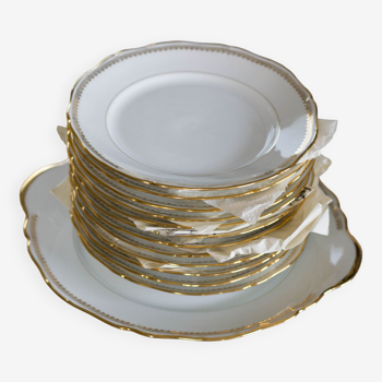 Service à gâteau blanc et or porcelaine de Sologne