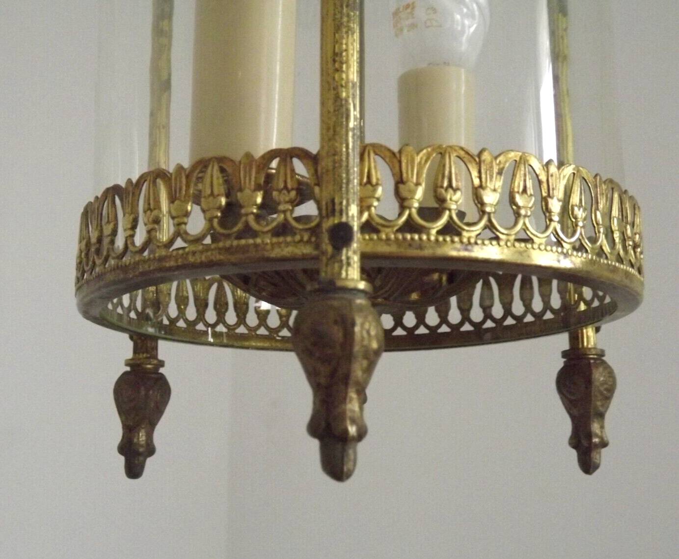 Vintage French Round Gold Metal and Brass 2 Light Lantern Ceiling Light 4724