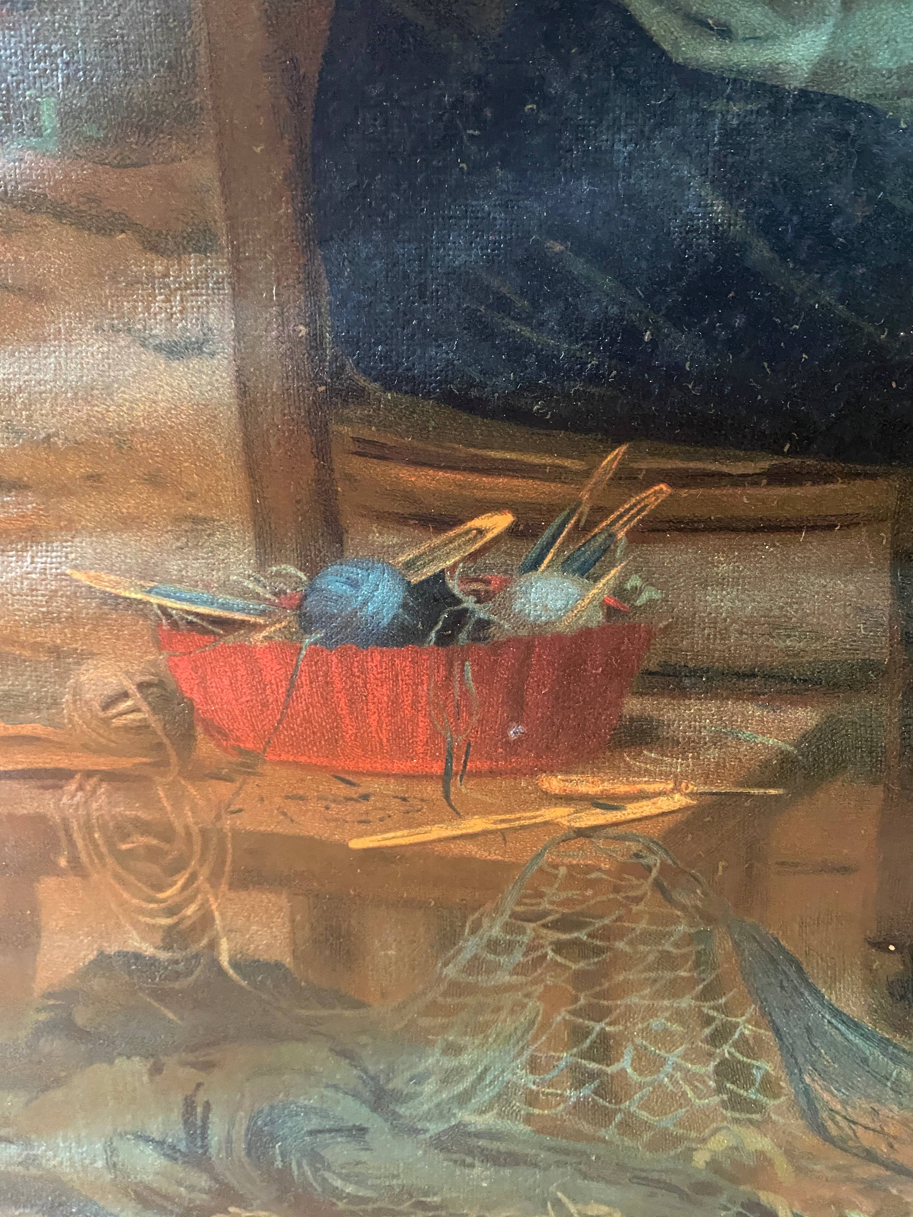 Chromo painting 1900 Breton family Baby fisherman signed