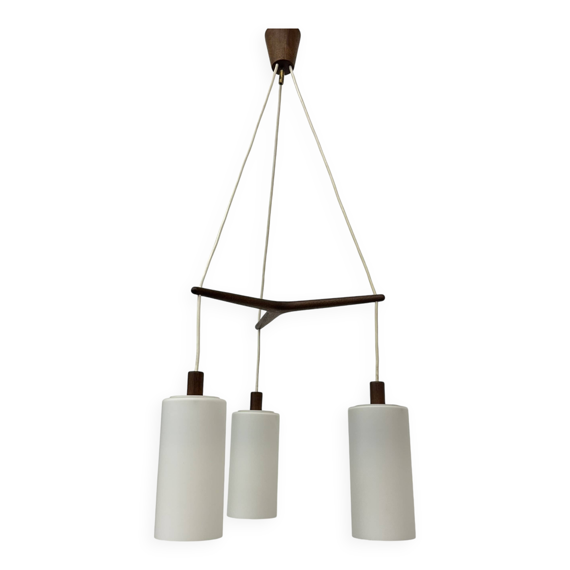 Mid-century design pendant lamp teak and opaline glass , 1970s