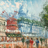 Paris View of the Moulin Rouge, boulevard Clichy and Sacré-Coeur Oil on canvas signed