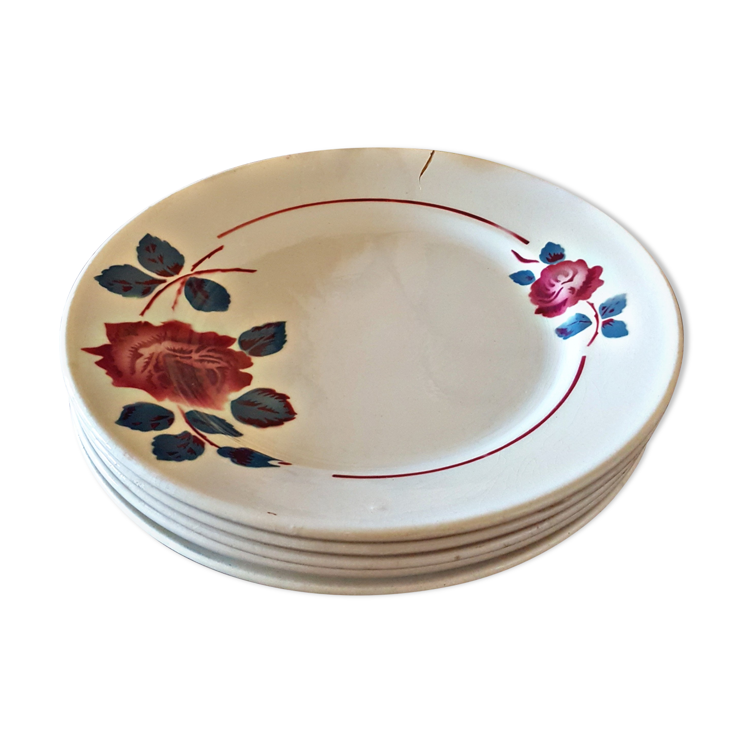 5 flat plates (floral pattern) mismatched: Badonviller (2+2) and a K&G Lunéville model Chantal