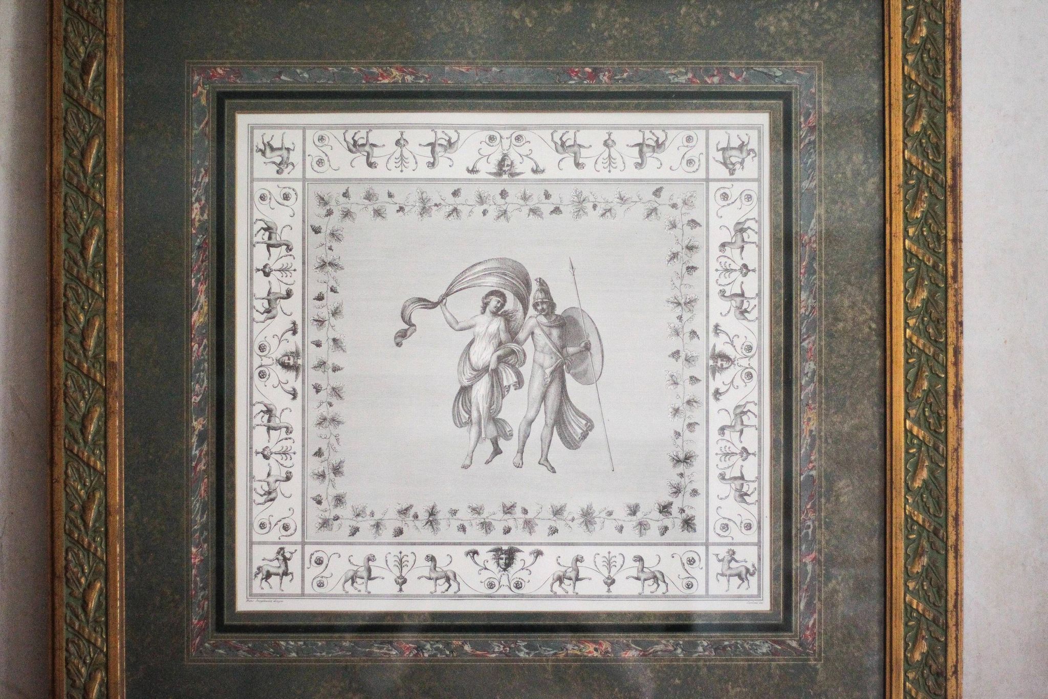 Antique engraving of Mars and Venus, framed under glass, large frame, decoration.