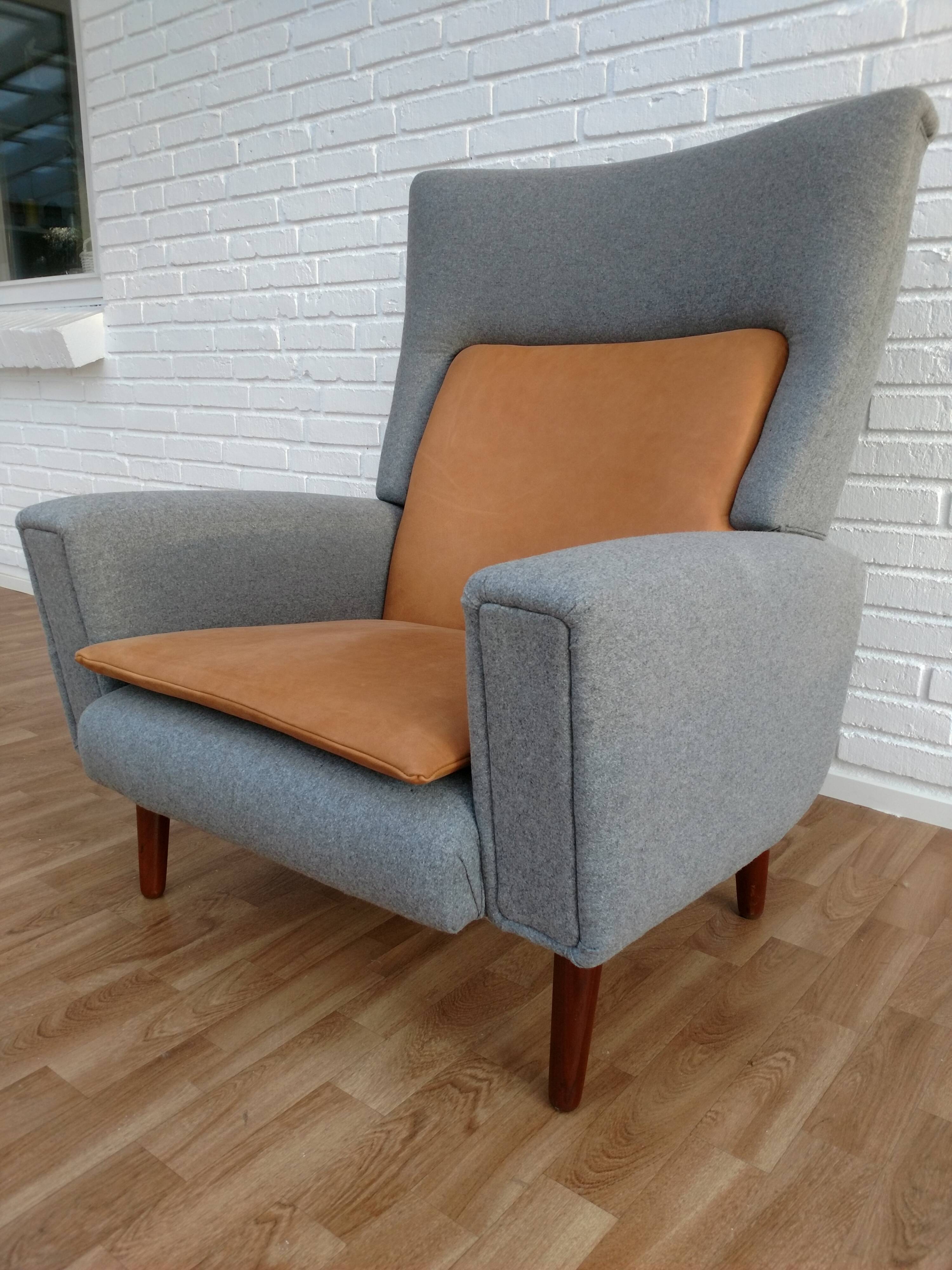 Danish designed armchair 70's, wool, nubuck leather, completely renovated