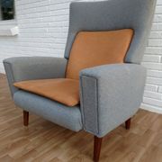Danish designed armchair 70's, wool, nubuck leather, completely renovated