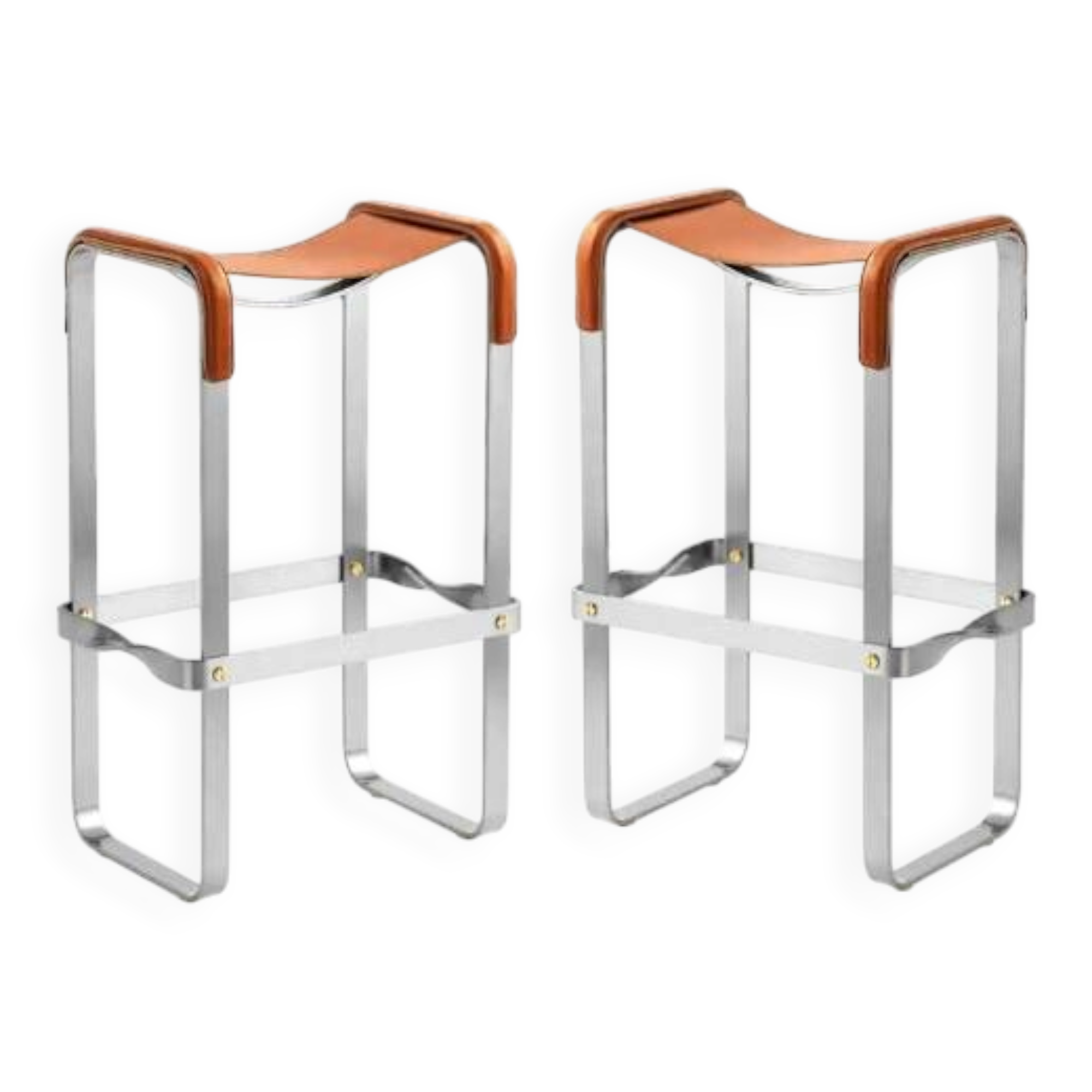 Pair of backless stools in tobacco colour with metal finishes.