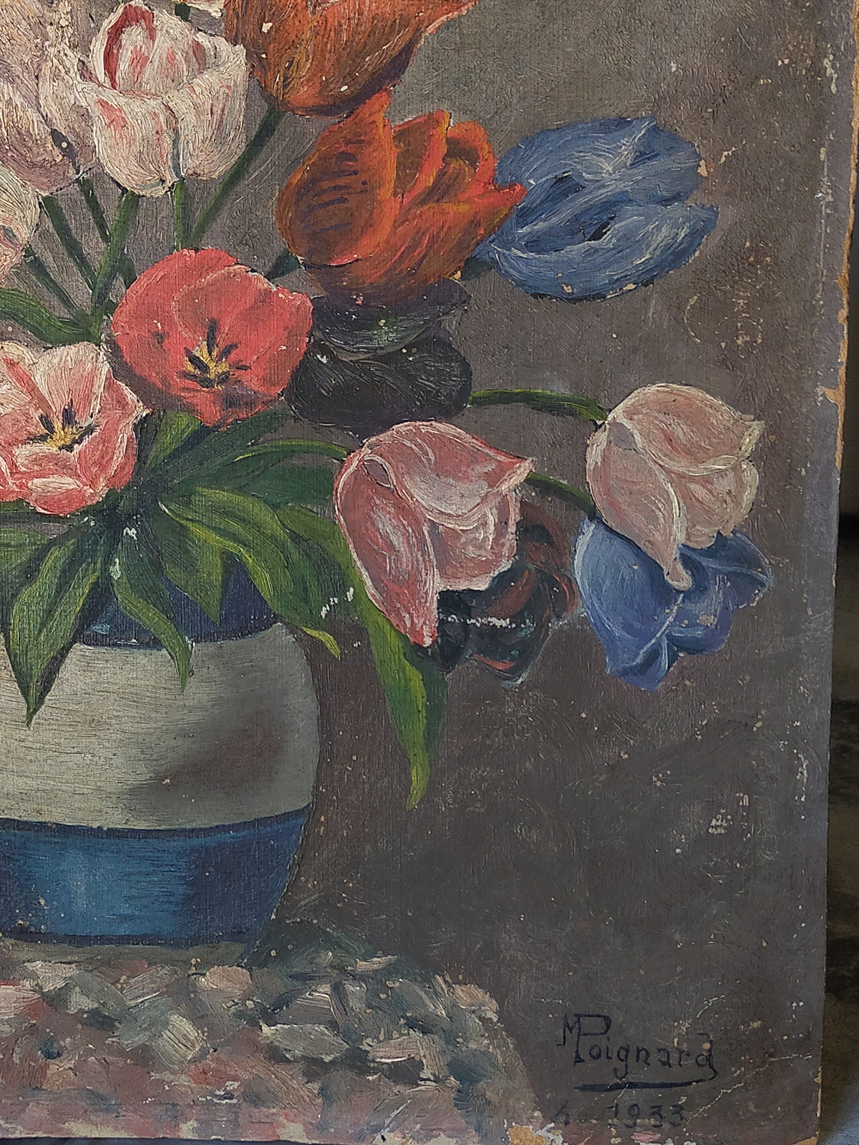 Table oil on cardboard the tulips hatched 30s