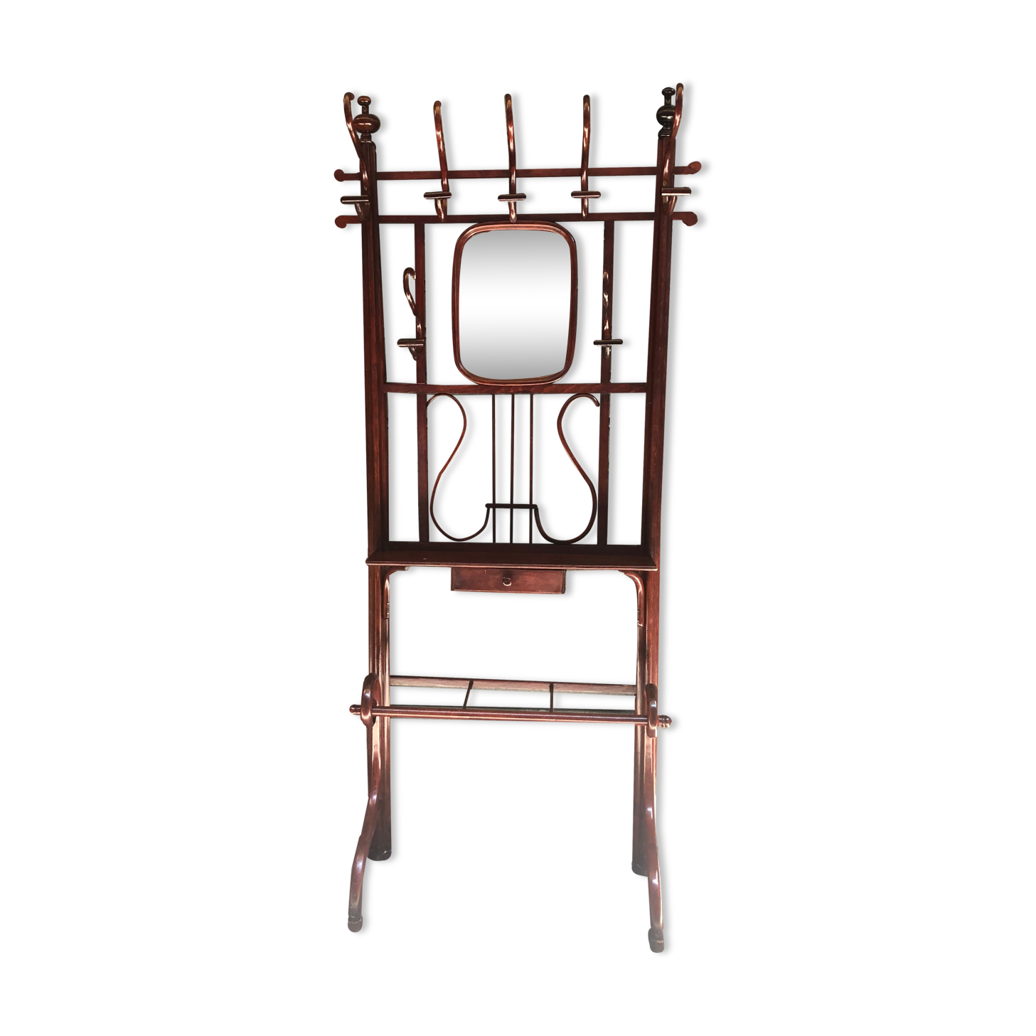 Wall coat rack in curved wood 1900 mahogany color