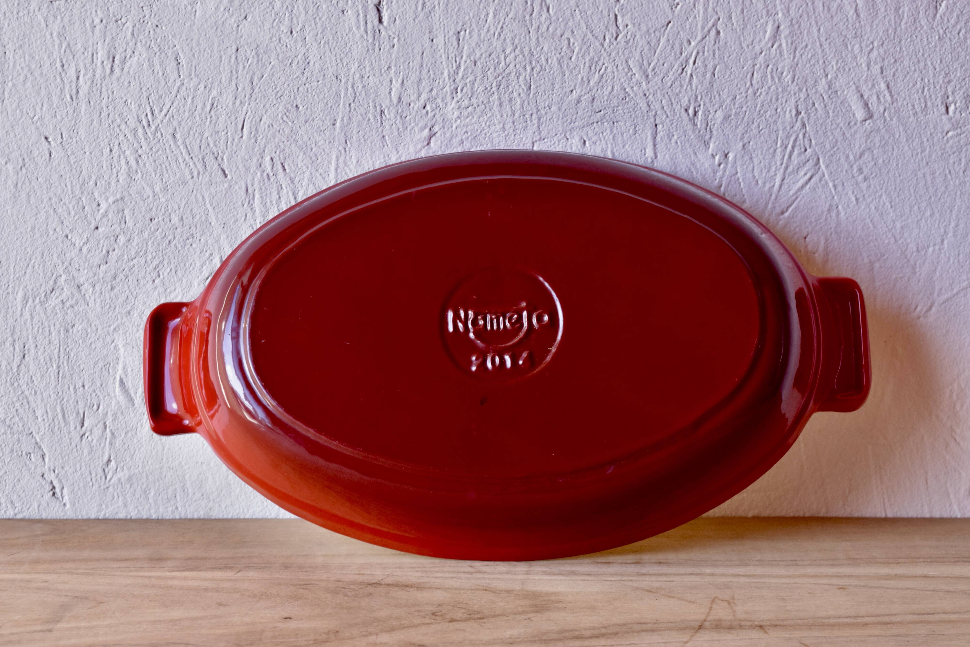 Red cast iron baking dish