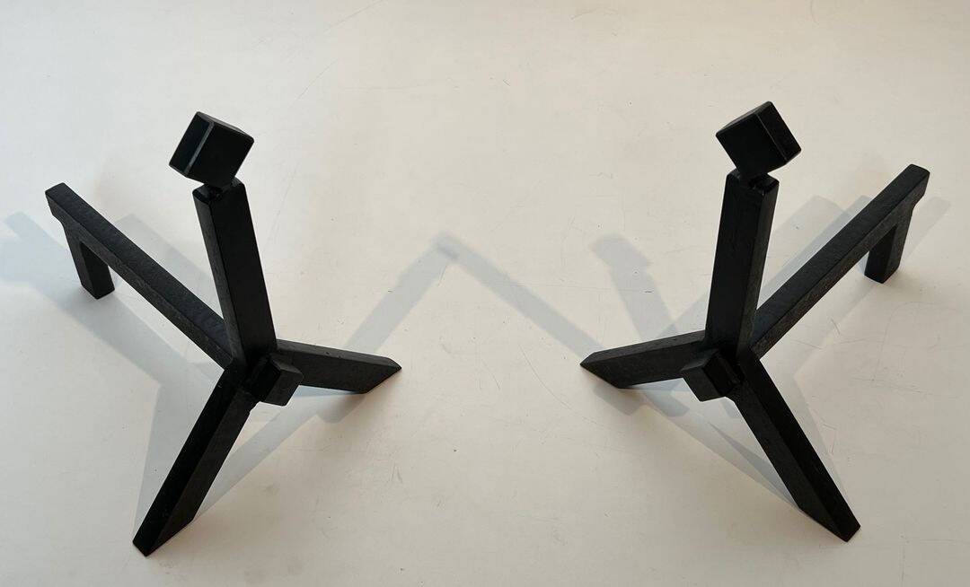 Pair of Modernist Black Iron Andirons with Diamond Finials and Angled Bases