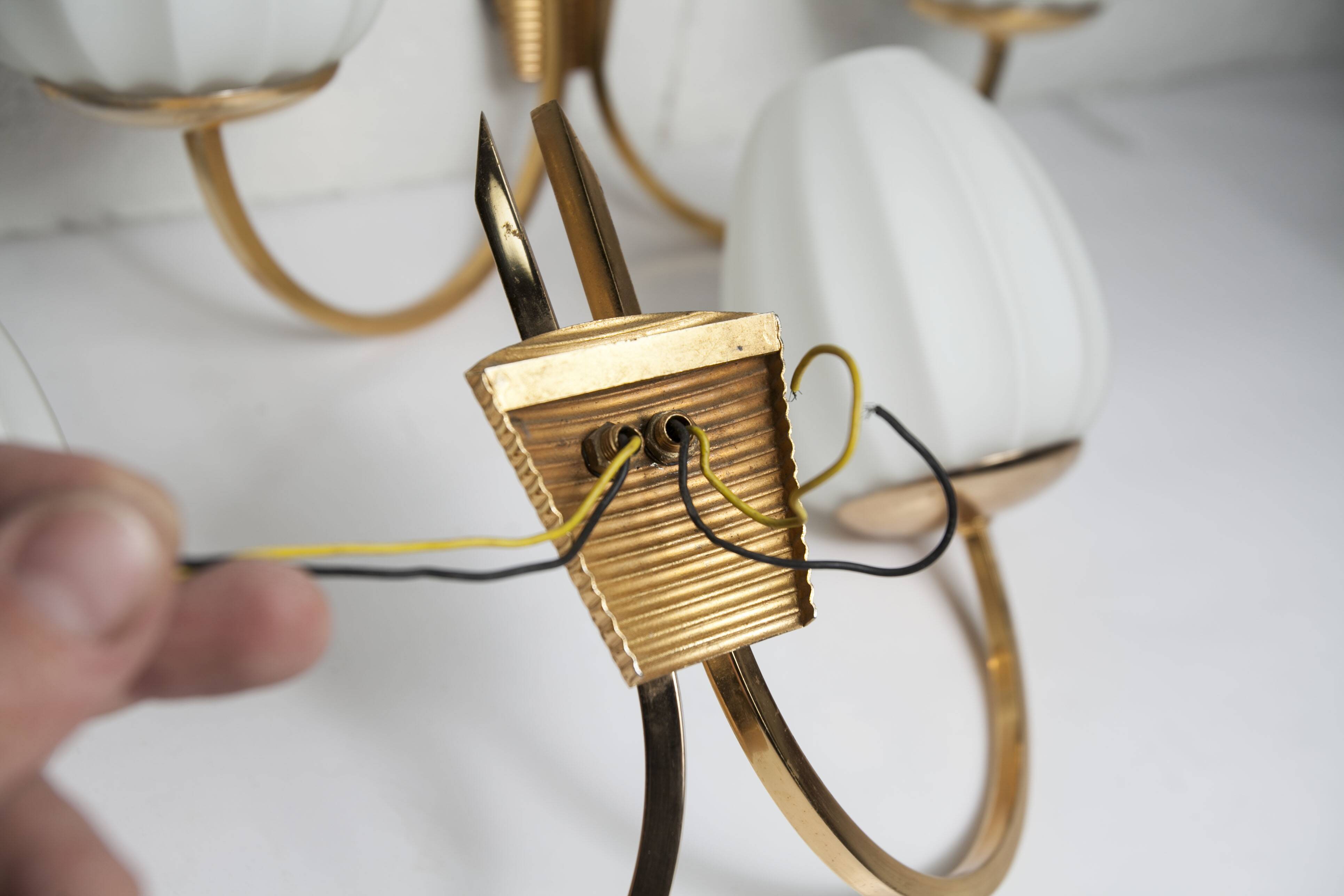 Pair of 1960 opaline and brass wall lights from Italy