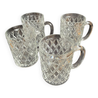 Chopes de bière en verre, taillées diamants vintage