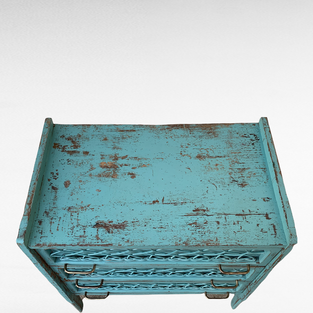 Vintage chest of drawers wood and rattan patina turquoise 1950