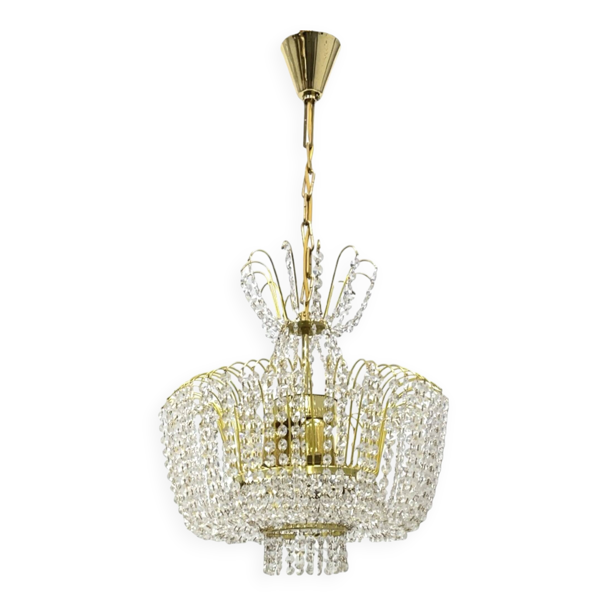 Kamenický Šenov crystal chandelier, gilded brass, 1970s, Czechoslovakia