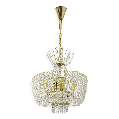 Chandelier en cristal de Kamenický Šenov, laiton doré, années 1970, Tchécoslovaquie