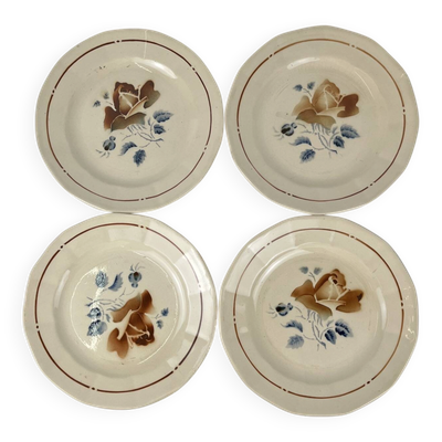 Set de 4 Assiettes plates Sarreguemines motif fleur , première moitié du XX