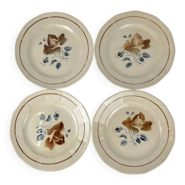 Set de 4 Assiettes plates Sarreguemines motif fleur , première moitié du XX