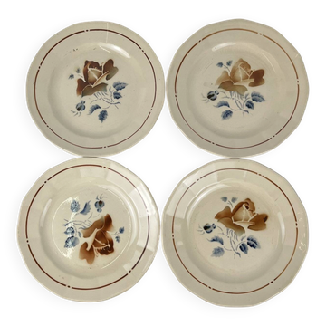 Set de 4 Assiettes plates Sarreguemines motif fleur , première moitié du XX