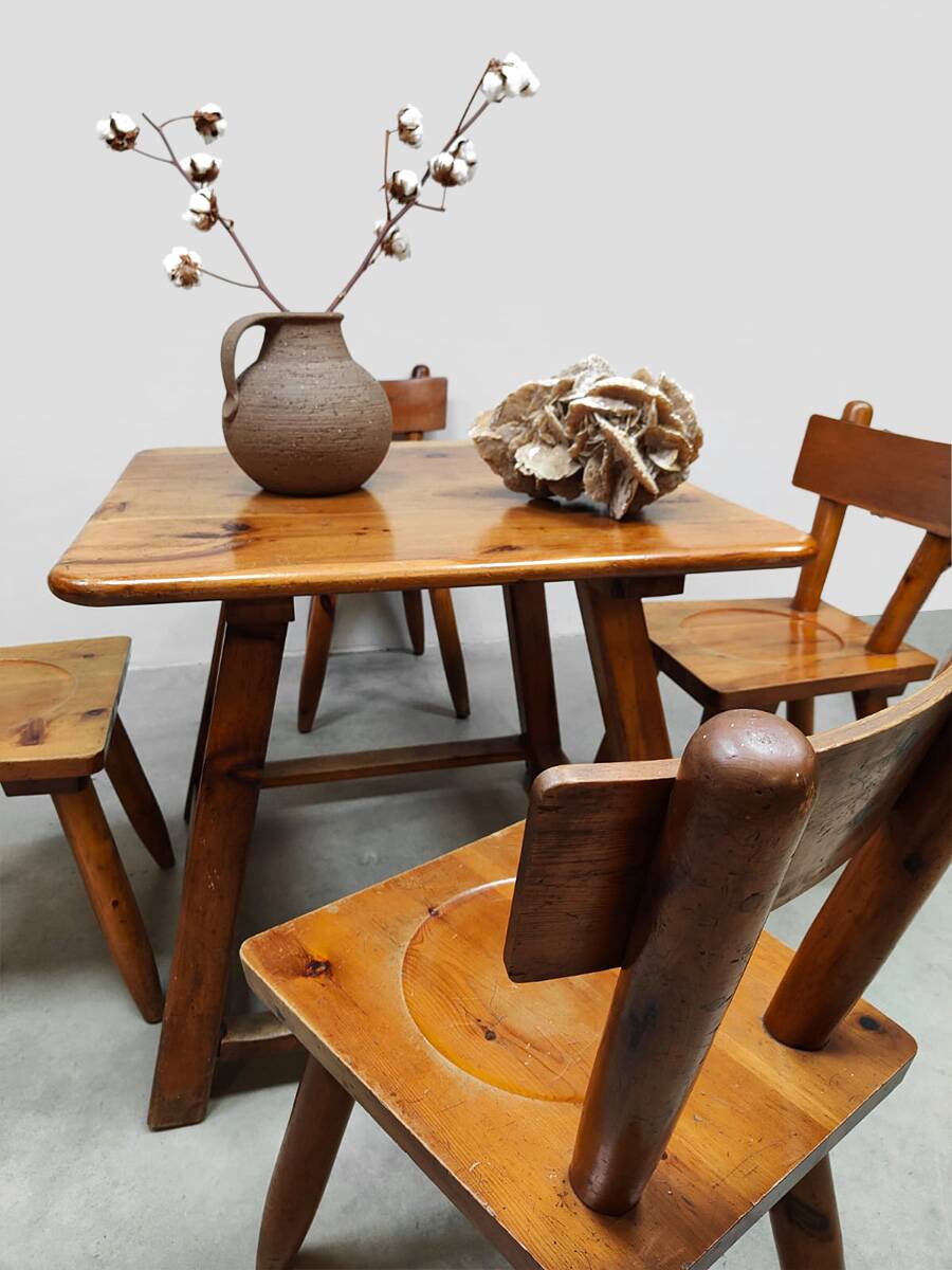 Vintage brutalist wooden dining set chairs & table 1970