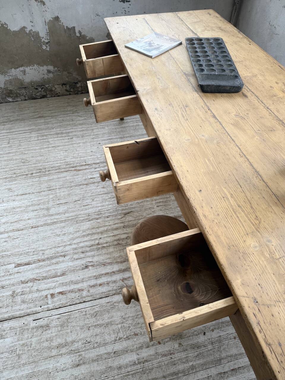 Pine and oak farmhouse table with multiple drawers, communal type, 240cm.